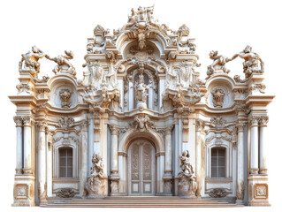 Fototapeta premium Baroque palace with ornate sculptural decoration, curved forms, and dramatic entrance, isolated on white background