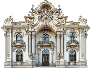 Fototapeta premium Baroque palace with ornate sculptural decoration, curved forms, and dramatic entrance, isolated on white background
