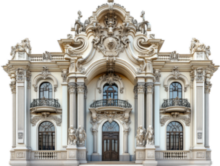 Baroque palace with ornate sculptural decoration, curved forms, and dramatic entrance, isolated on white background