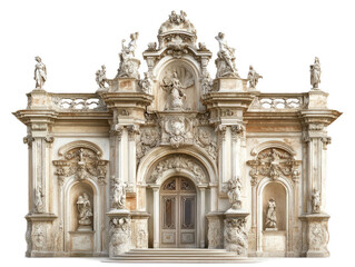 Fototapeta premium Baroque palace with ornate sculptural decoration, curved forms, and dramatic entrance, isolated on white background