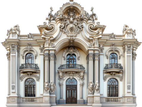 Baroque palace with ornate sculptural decoration, curved forms, and dramatic entrance, isolated on white background