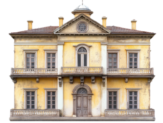 Italianate villa with low-pitched roof, wide eaves with brackets, and cupola or belvedere, isolated on white background