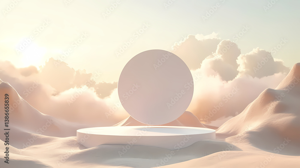 Poster celestial stage: a minimalist 3d rendering showcasing a pristine white podium, crowned by a celestia