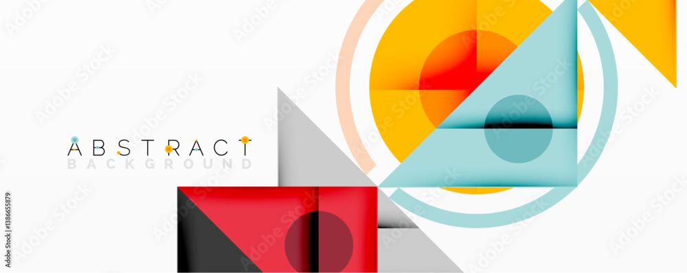 Poster Geometric shapes overlap, creating vibrant composition. Circles, triangles, rectangles form modern design. Bright colors contrast against white space.