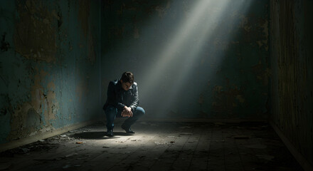 Depressed Man Crouching in Dark Grunge Room with Beam of Light Shining Down Showcasing Emotional Turmoil