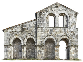 Fototapeta premium Romanesque revival building with round arches, massive stone walls, and tower, isolated on white background
