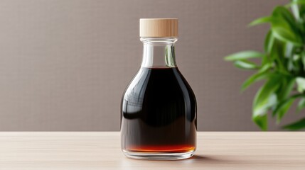 Dark, viscous liquid in a clear glass bottle with a light wooden lid,  sitting on a light brown wooden surface