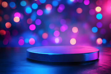 Illuminated Stage: A captivating image showcases a circular stage illuminated by a vibrant display of bokeh lights, exuding an atmosphere of celebration and anticipation.