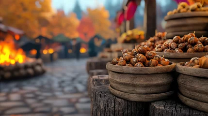 Schilderijen op glas Freshly Harvested Chestnuts Displayed in Rustic Wooden Bowls at Vibrant Autumn Market Scene © Gun