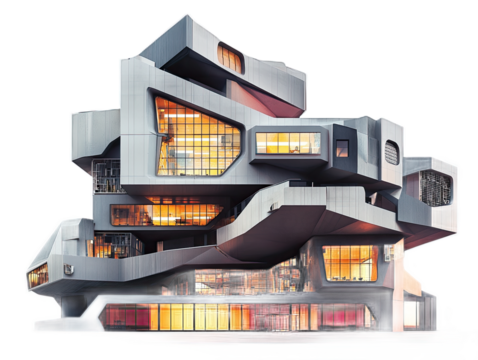 Post-modern office building with playful geometric forms, varied materials, and decorative elements, isolated on white background