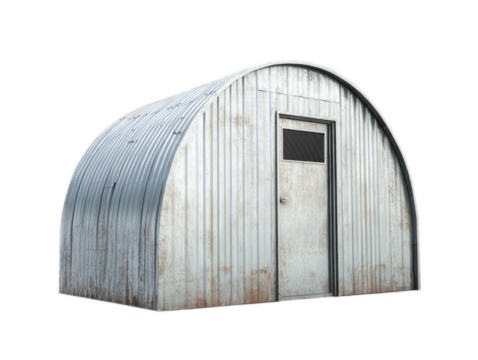 Quonset hut conversion with semicircular corrugated metal roof and custom end walls, isolated on white background