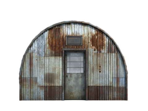 Quonset hut conversion with semicircular corrugated metal roof and custom end walls, isolated on white background