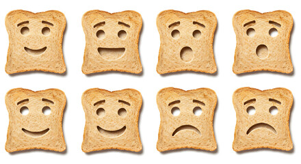 Cartoon Sliced Toast with Various Facial Expressions on a White Background