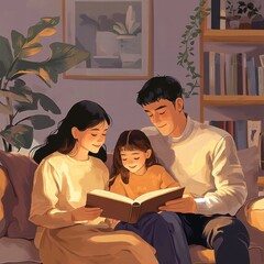 Loving family enjoying time together while reading a book in a cozy and comfortable setting