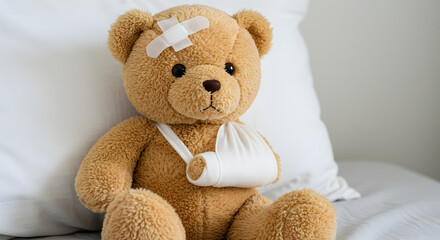 Brown Teddy Bear with Bandage on Head and Arm Cast on White Bedding
