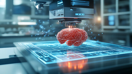 A 3D bioprinter creating human tissue, futuristic medical lab with digital schematics and bioprinting technology, High-tech style