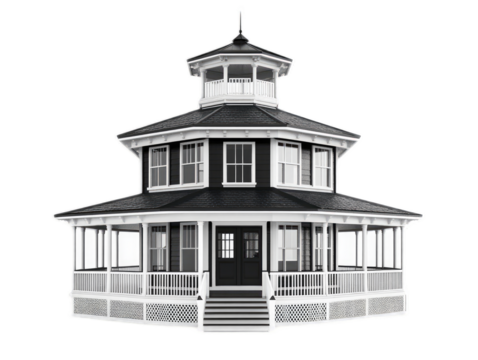 Octagonal house with eight-sided design, cupola, and wrap-around veranda, isolated on white background