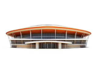 Stadium arena with curved tiers of seating, distinctive roof structure, and monumental entrance, isolated on white background