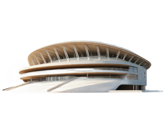 Stadium arena with curved tiers of seating, distinctive roof structure, and monumental entrance, isolated on white background