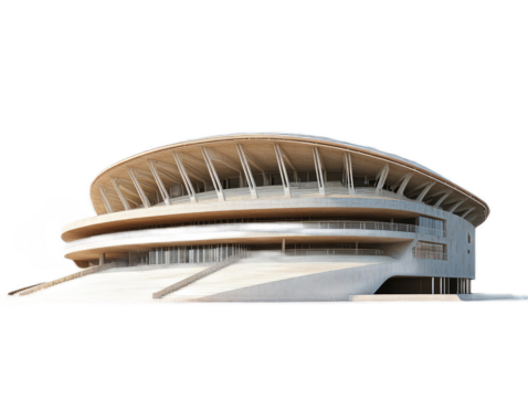 Stadium arena with curved tiers of seating, distinctive roof structure, and monumental entrance, isolated on white background