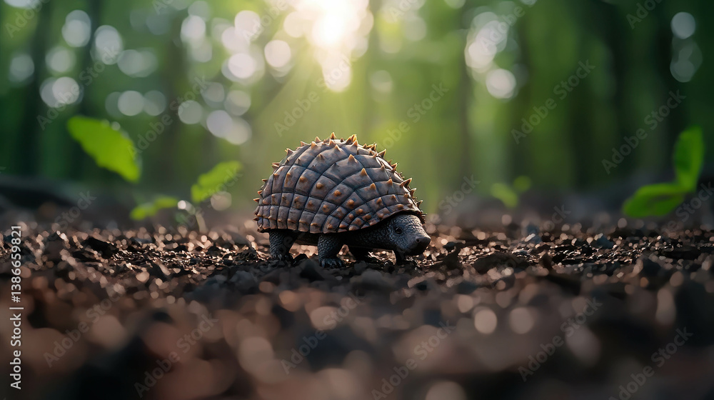 Poster enigmatic turtle navigating through verdant forest floor with soft morning light illuminating surrou