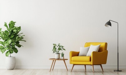 Modern, yellow armchair in a bright, minimalist living room