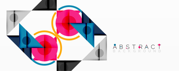 Bright geometric composition. Overlapping squares, circles create dynamic visual effect. Modern design, vibrant colors, abstract shapes.