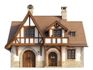 Converted barn home with preserved timber frame, sliding doors, and modern additions, isolated on white background