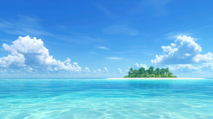 Fototapeta premium Serene Tropical Island Under Bright Blue Sky with Fluffy Clouds and Clear Turquoise Water