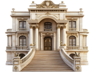 Classical music hall with ornate facade, grand entrance stairs, and decorative musical motifs, isolated on white background