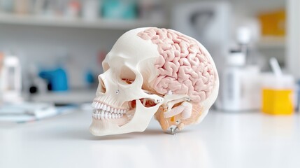 Fototapeta premium A detailed anatomical skull model rests on a white surface, showcasing a realistically rendered brain. The model is positioned in profile view against a blurred medical lab background. The image is