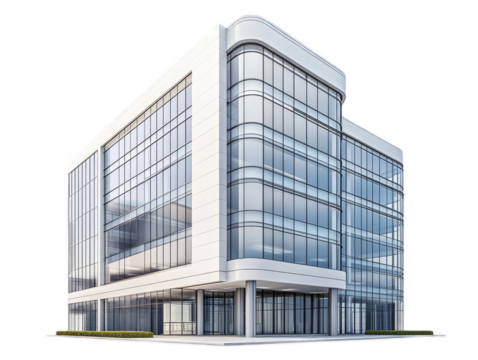 International style office building with rectilinear form, curtain wall, and pilotis support columns, isolated on white background