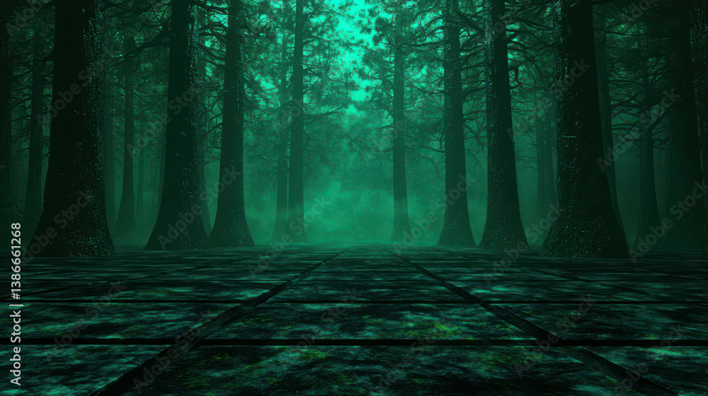 Poster enigmatic forest path with ethereal green mist and tall trees in mysterious atmosphere