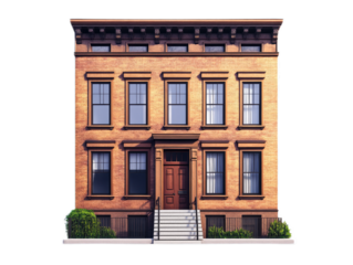 Row house with connected facade, stoop entrance, and narrow vertical emphasis, isolated on white background