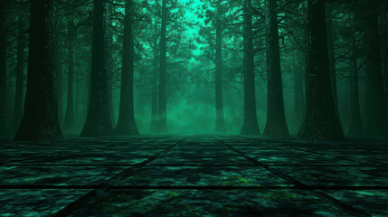 Fototapeta premium Enigmatic Forest Path with Ethereal Green Mist and Tall Trees in Mysterious Atmosphere