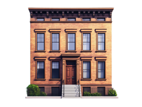 Row house with connected facade, stoop entrance, and narrow vertical emphasis, isolated on white background