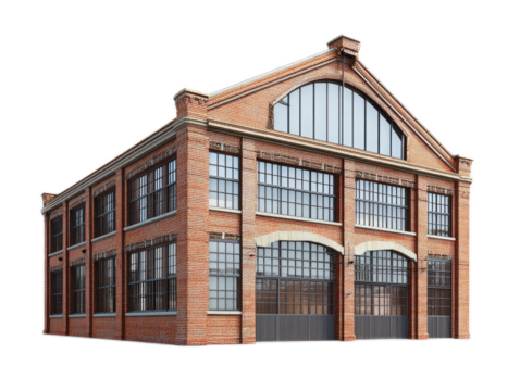 Factory building conversion with sawtooth roof, clerestory windows, and industrial character, isolated on white background