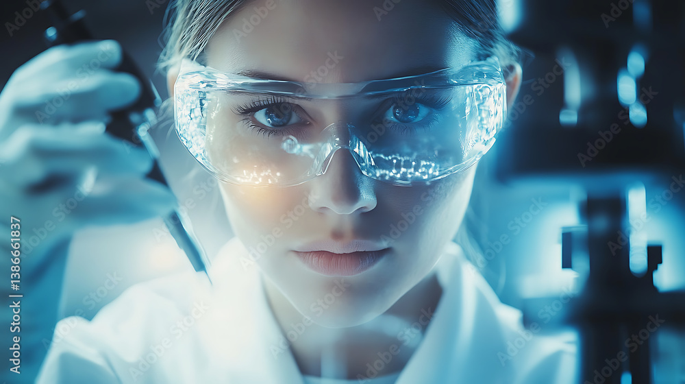 Wall mural a biohacker testing human enhancement devices, sleek laboratory with futuristic biotech tools and hu