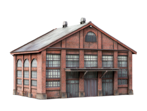 Factory building conversion with sawtooth roof, clerestory windows, and industrial character, isolated on white background