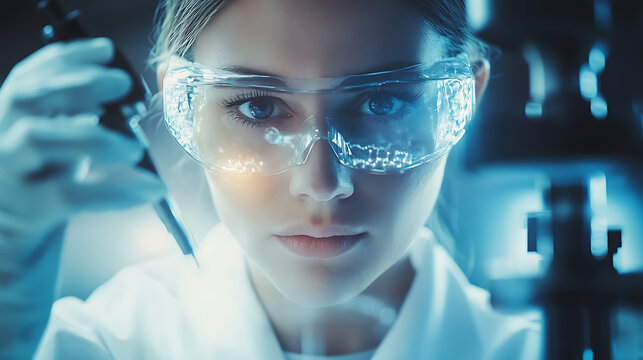 A biohacker testing human enhancement devices, sleek laboratory with futuristic biotech tools and human interfaces, High-tech style
