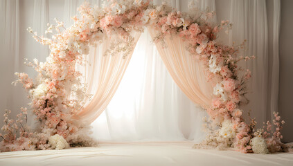 Elegant Floral Arch: A beautifully arranged floral arch, adorned with delicate blooms and soft draping, creates a romantic and inviting atmosphere, perfect for a memorable event.