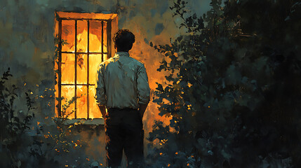 Fototapeta premium The older brother standing outside a warmly lit home, his back turned to the celebration, subtle emotion on his face, visually divided between joy and bitternessHighly detailed, cinematic composition,