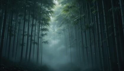 Fototapeta premium Ethereal Bamboo Grove: Tall stalks disappearing into misty light, serene forest path.