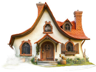 Obraz premium Storybook cottage with whimsical design elements, curved roof, and fairy tale character, isolated on white background