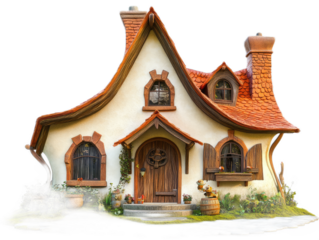 Storybook cottage with whimsical design elements, curved roof, and fairy tale character, isolated on white background