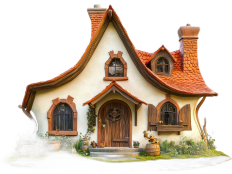 Storybook cottage with whimsical design elements, curved roof, and fairy tale character, isolated on white background