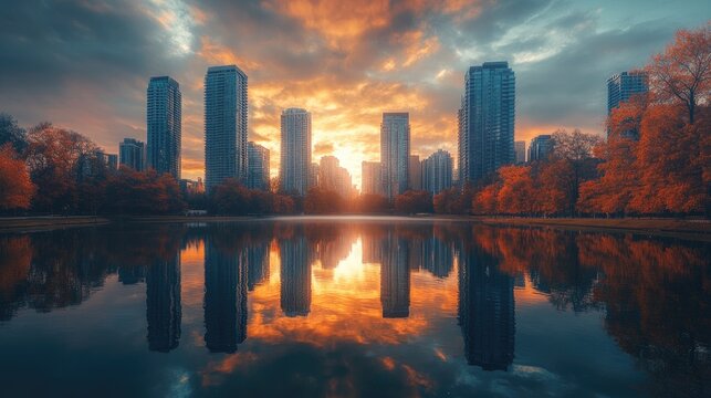 Reflection of the city in a river or lake, creating a beautiful symmetrical effect.