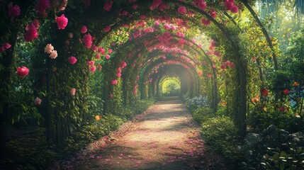 Obraz premium Flower archway path in garden with light at end.