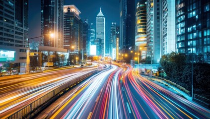 Obraz premium Night city highway, motion blur, skyscrapers, urban