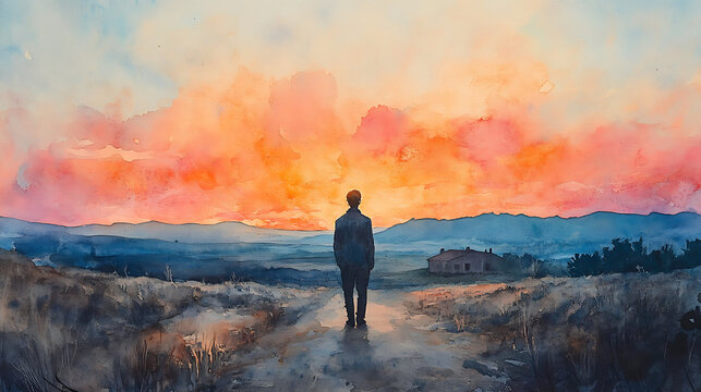 The prodigal son silhouetted against the horizon, his father&rsquo;s home barely visible ahead, dusty road stretching before him, sky painted in hues of hope and sorrowHighly detailed,